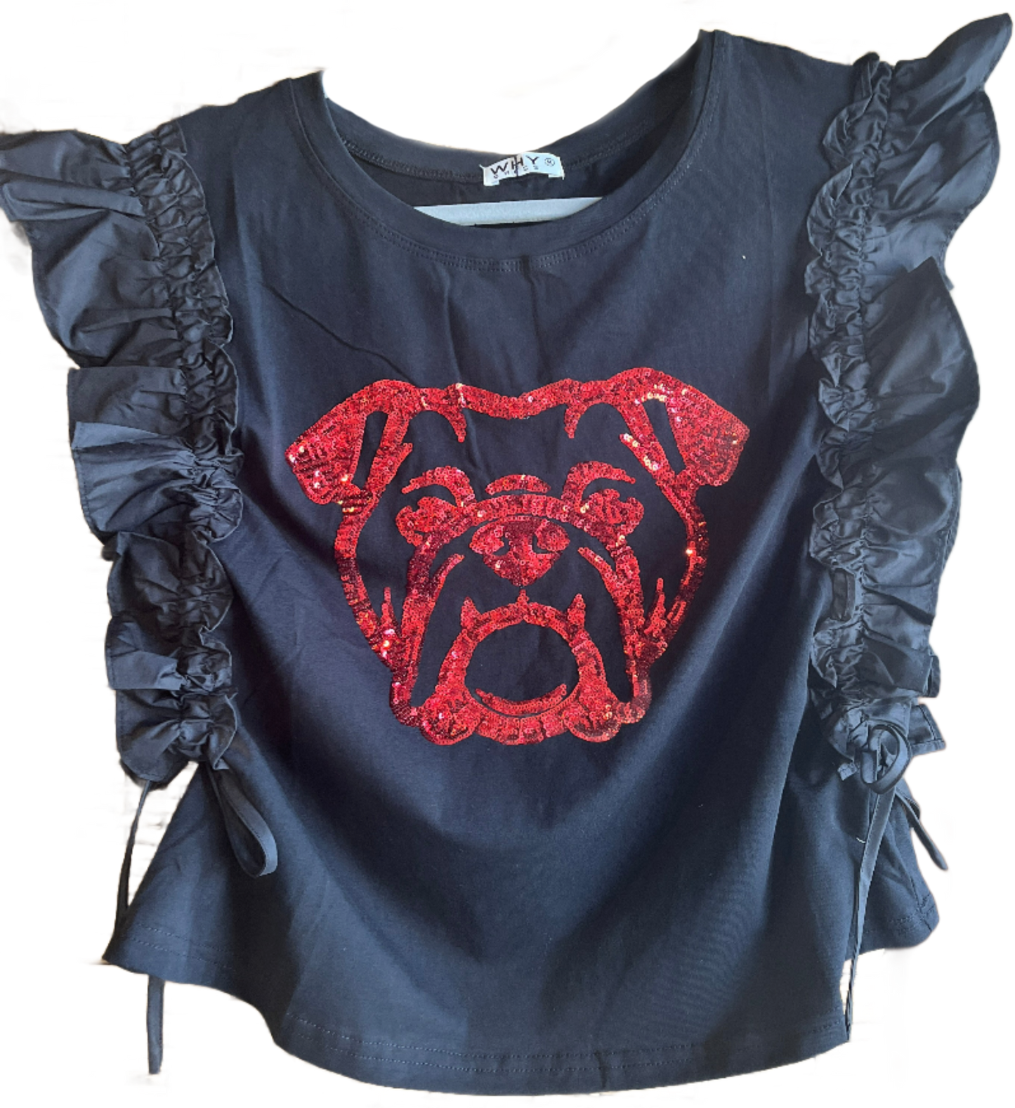 Top - Bulldog Sequin Ruffle Sleeves - Black/Red - Findlay Rowe Designs