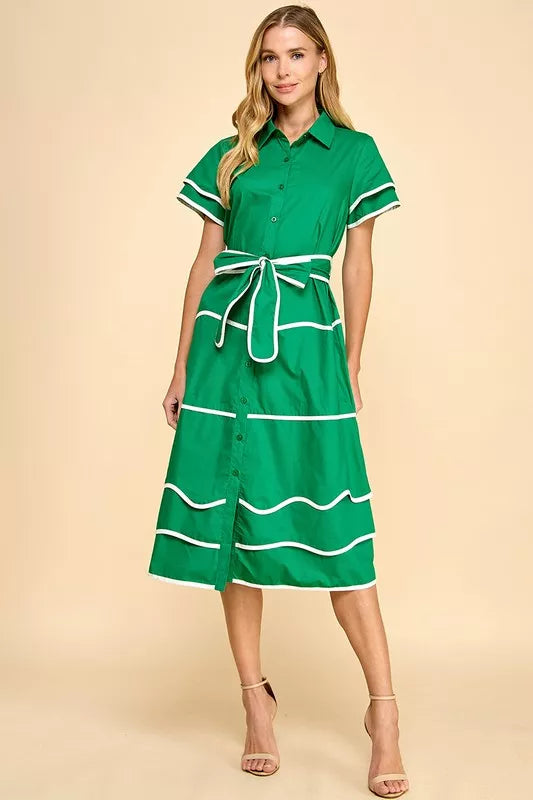 Dress - Midi - Green with White Trim