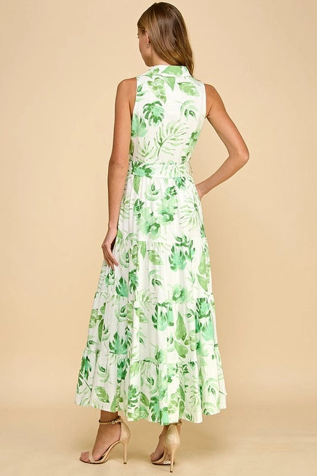 Dress - Sleeveless Midi - Palm Leaves