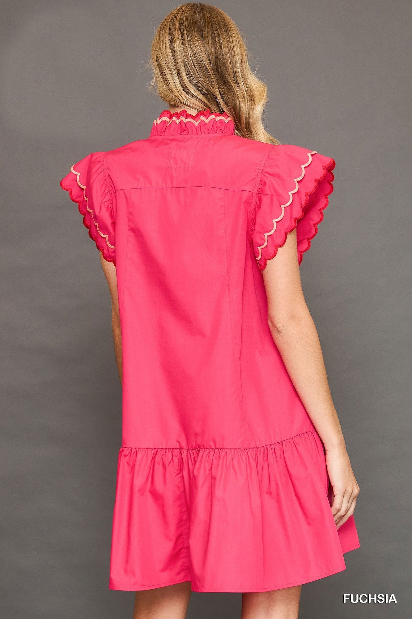 Dress - Ruffled Scalloped Sleeved - Fuchsia