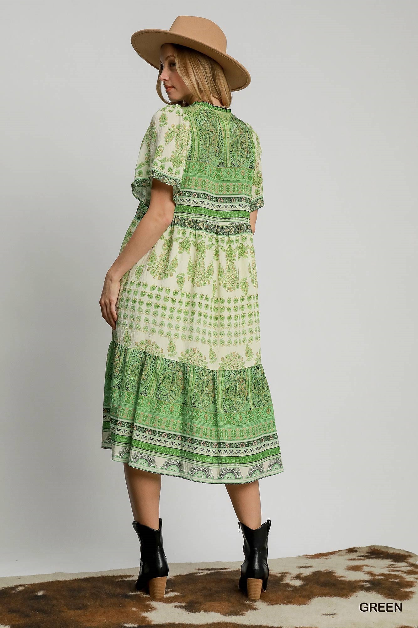 Dress - Midi - Paisley V-Neck - Green