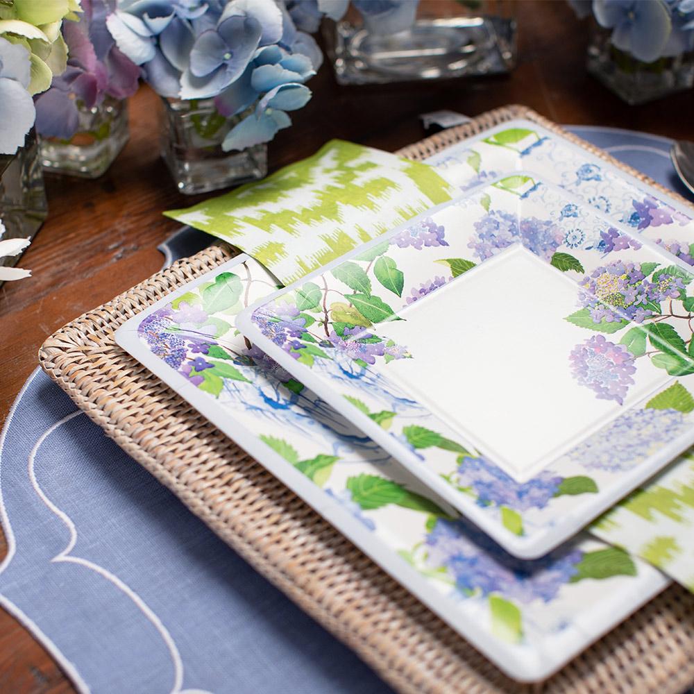 Caspari - Plate Salad Dessert Square - Hydrangeas and Porcelain