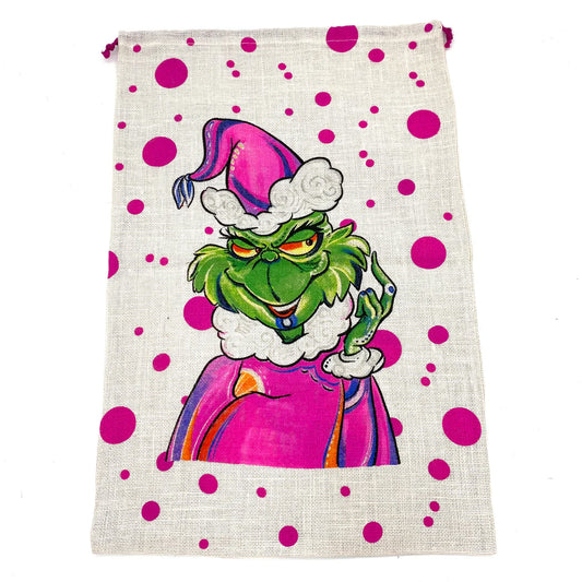 Santa Sack - Pink With Green Grinch - Jute