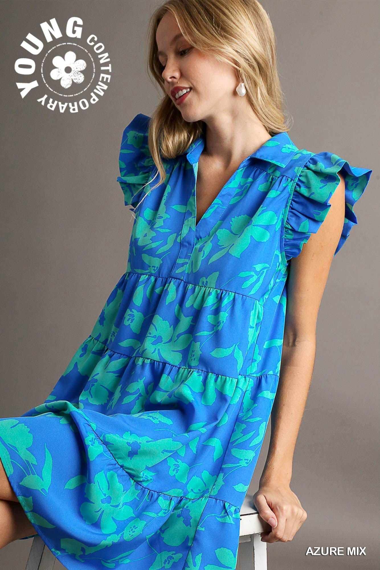 Dress - Floral Print A-Line - Azure