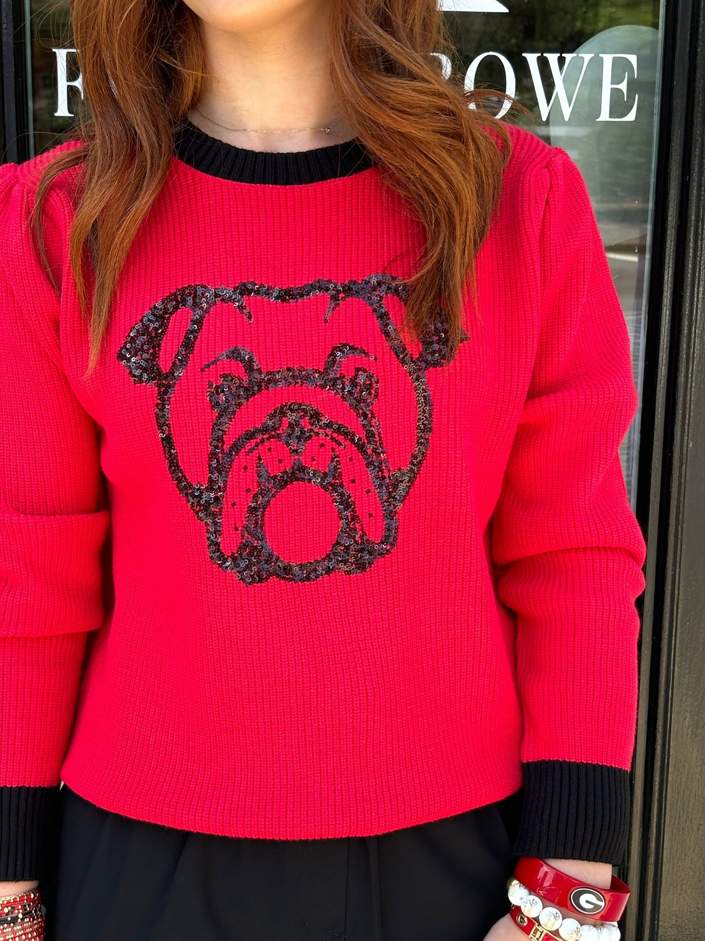 Sweater - Red Long Sleeve - Sequin Bulldog Face - Findlay Rowe Designs