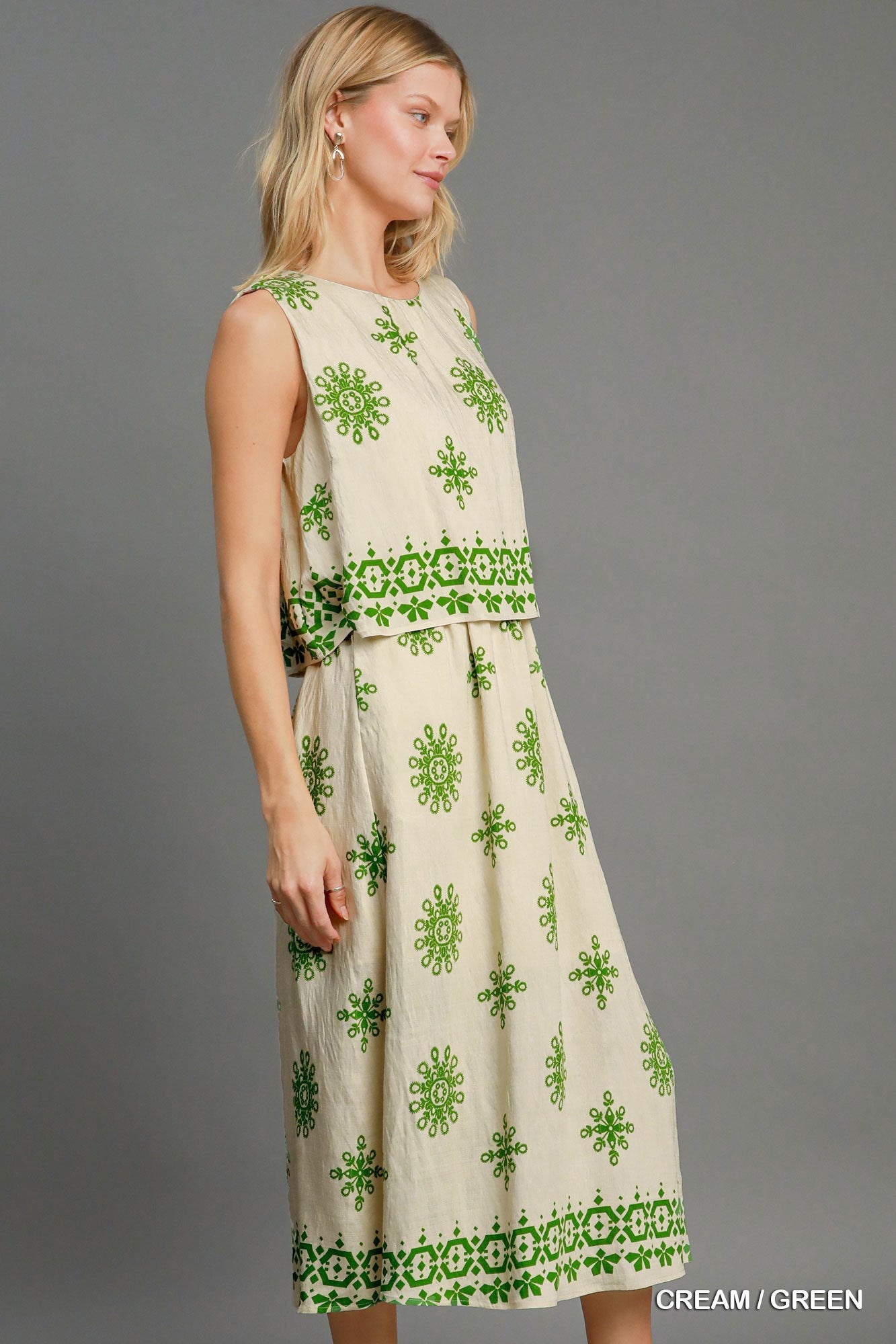 Dress - Borderprint Double Layered Midi - Green