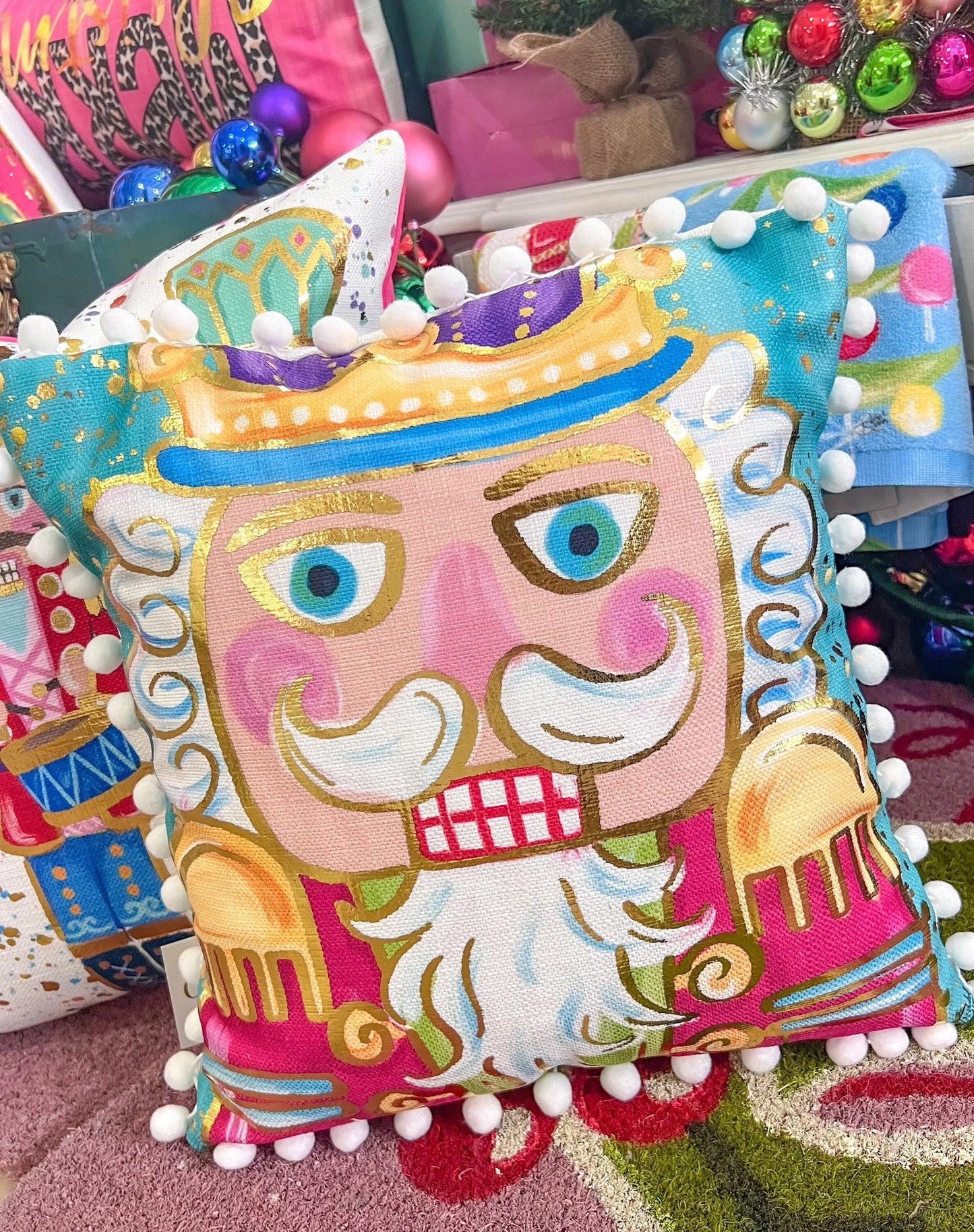 Turquoise Colorful Gold Foil Nutcracker Pillow || Christmas Accent Pillow - Findlay Rowe Designs