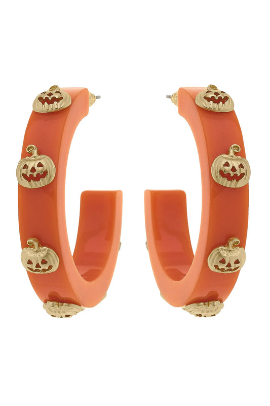 Earrings - Jack-O'-Lantern Resin Hoop - Orange