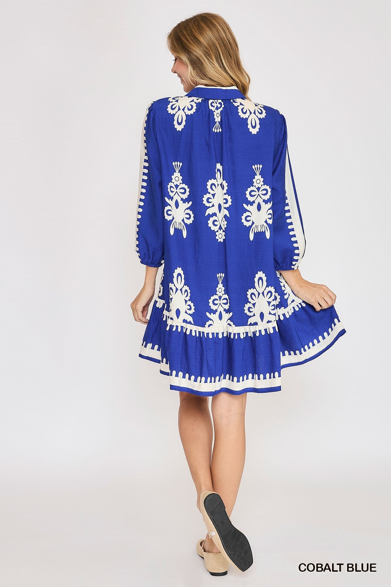 Dress - Border Print Tiered Hem - Cobalt