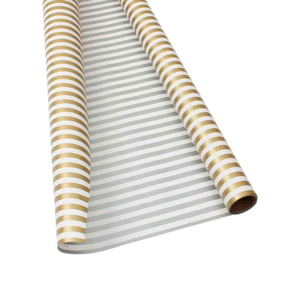 Caspari - Gift Wrap Roll - Club Stripe Reversible -Gold Silver   STORE PICKUP ONLY