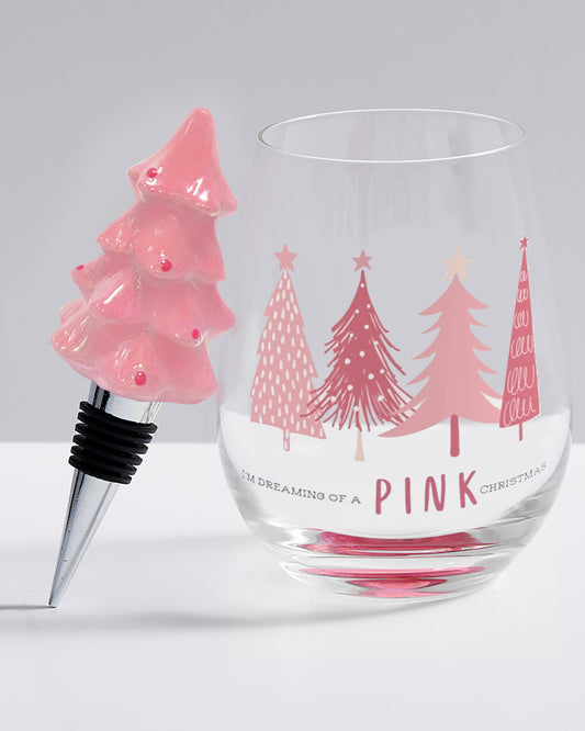 Stemless Wine Glass - Pink Christmas with Stopper