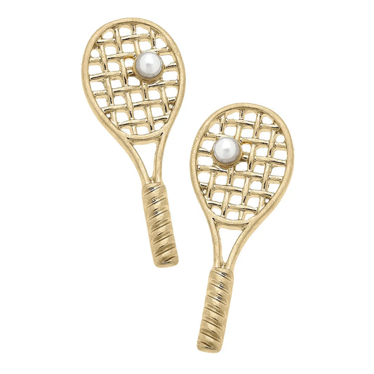 Earring - Justine Pearl Tennis Racket Stud - Shiny Gold