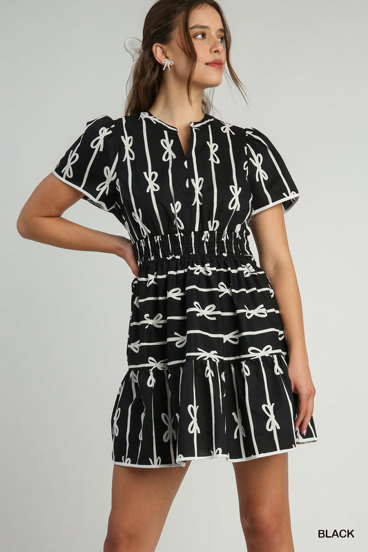 Dress- Ribbon Print Tiered Mini - Black White - Findlay Rowe Designs