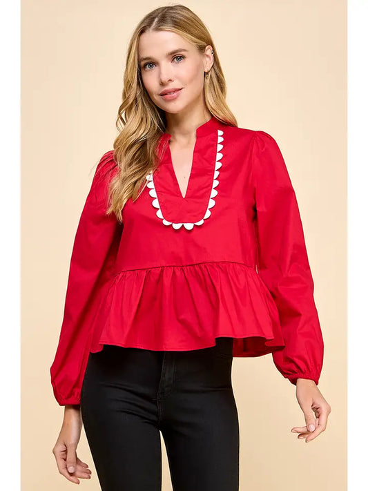 Top - Long Sleeve Scallop Border - Crimson - Findlay Rowe Designs