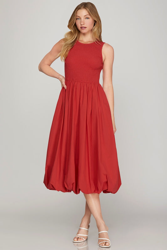 Dress - Sleeveless Smocked Midi - Red