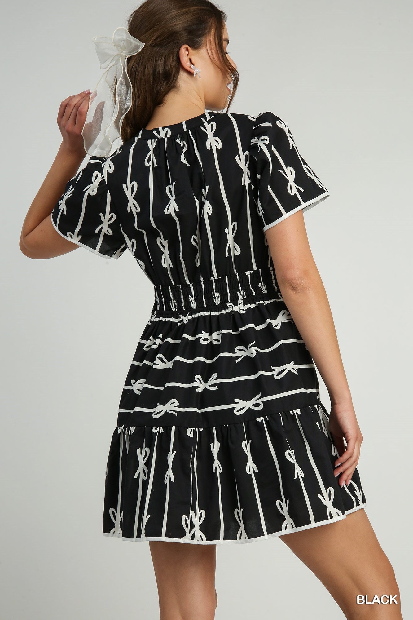 Dress- Ribbon Print Tiered Mini - Black White - Findlay Rowe Designs