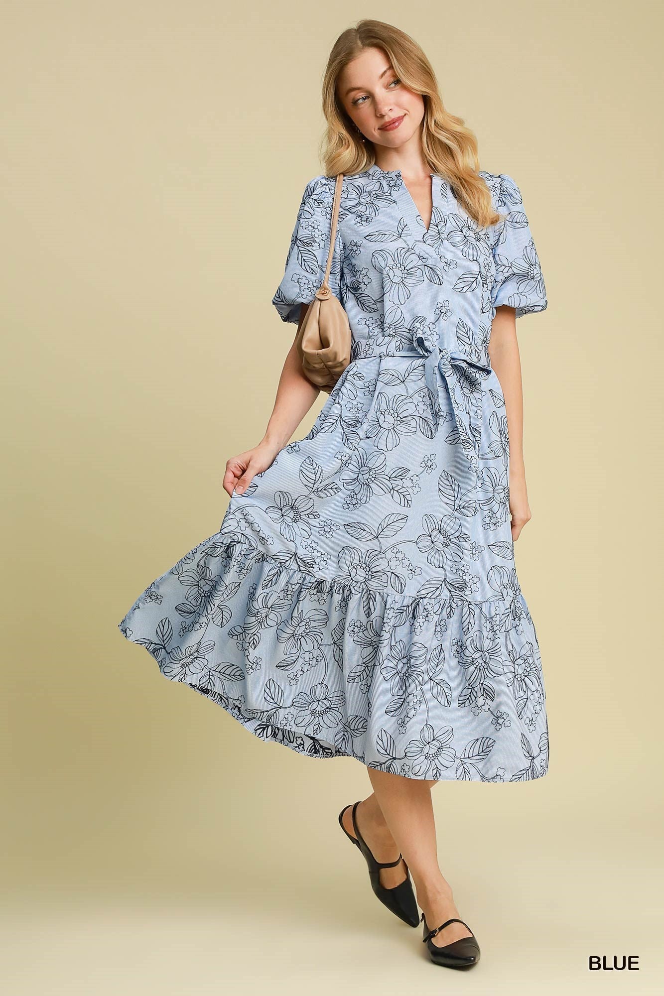 Dress - Midi - Embroidered Floral Print - Blue