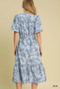 Dress - Midi - Embroidered Floral Print - Blue