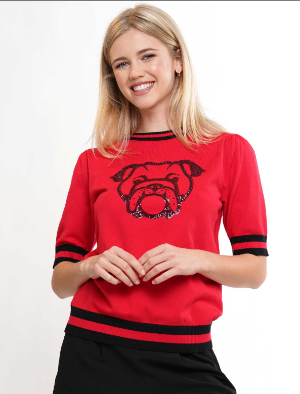 Sweater - Sequin Bulldog Short Sleeve Knit - Red - Findlay Rowe Designs