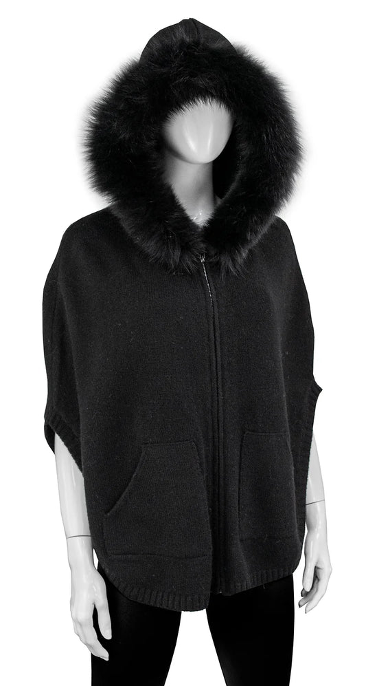 Poncho Zip Up - Fox Fur Hoodie - No Sleeves - Black - Findlay Rowe Designs