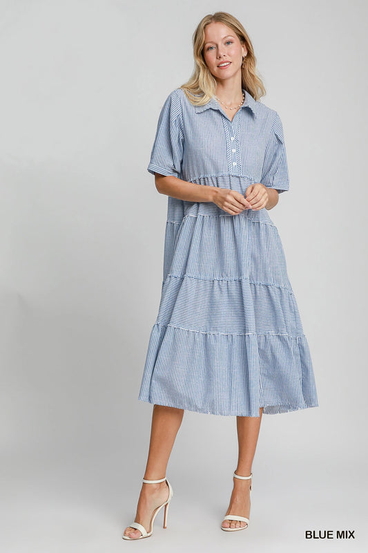 Dress - Frayed Stripe Tiered - Blue Mix