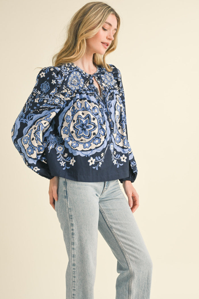 Top - Navy Medallion Peasant - Findlay Rowe Designs