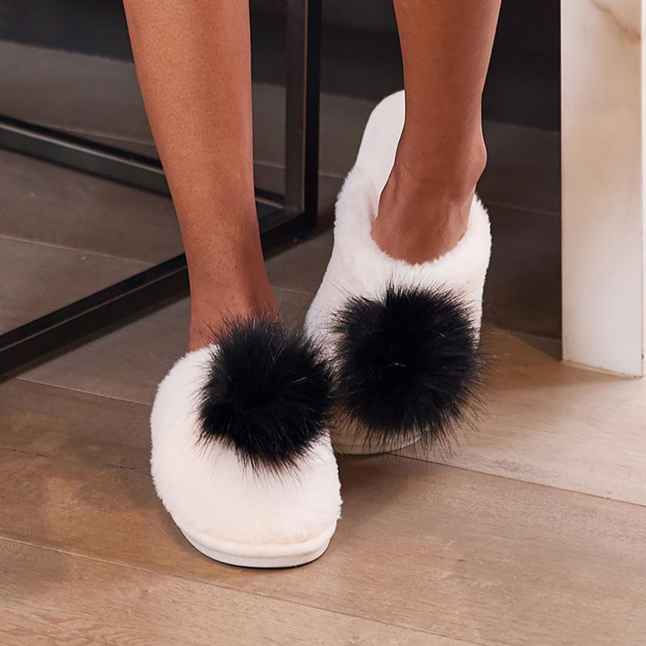 Bella Plush Slippers - Ivory with Black Pom Pom - Findlay Rowe Designs