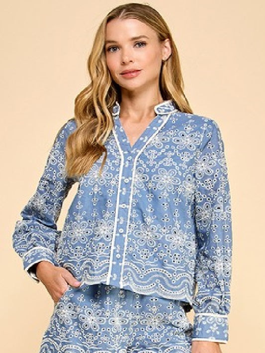 Top - Blue Eyelet Long Sleeve