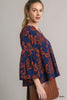 Top - Balloon Sleeve V-Notch - Navy Orange - Findlay Rowe Designs