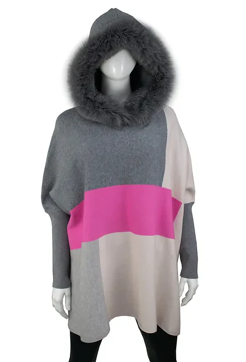 Poncho with Sleeves - Fox Fur Hoodie - Colorblock - Findlay Rowe Designs