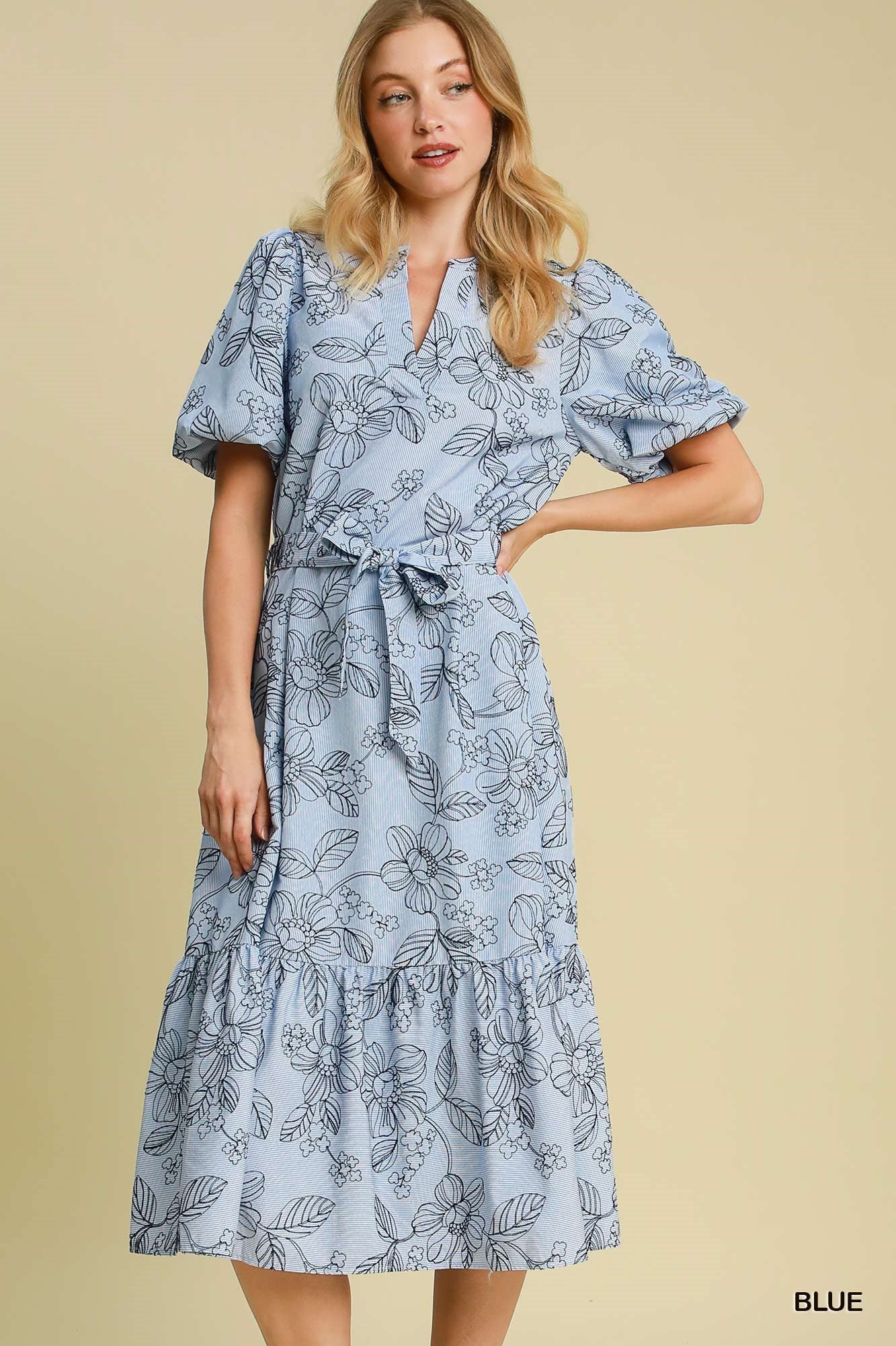 Dress - Midi - Embroidered Floral Print - Blue