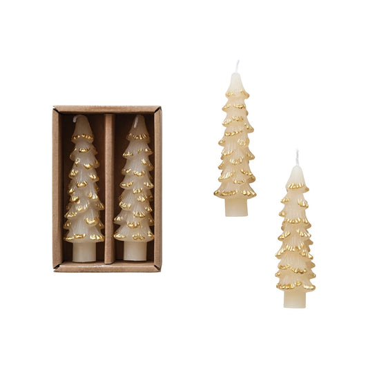 Candle - Tree Shaped Taper - 4.75in Eggnog Gold Set of 2