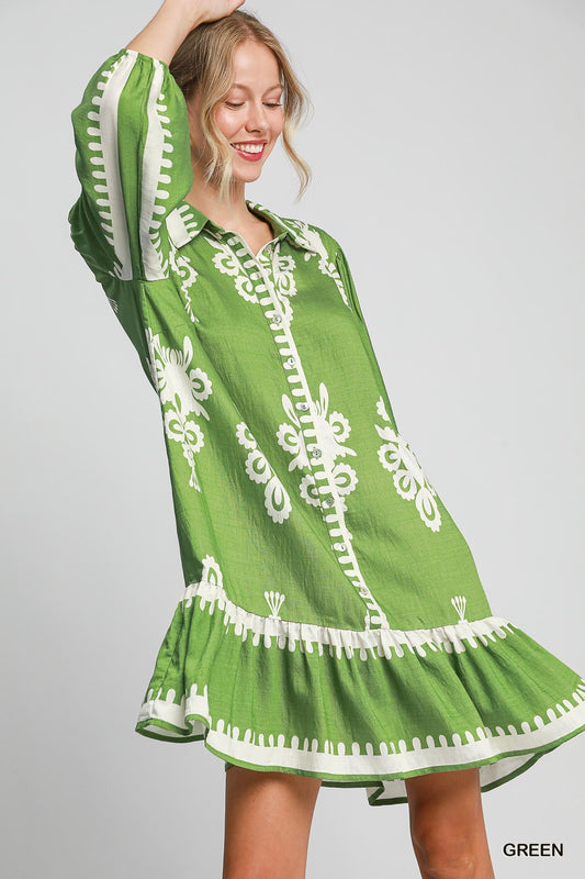 Dress - Border Print Tiered Hem - Green - Findlay Rowe Designs