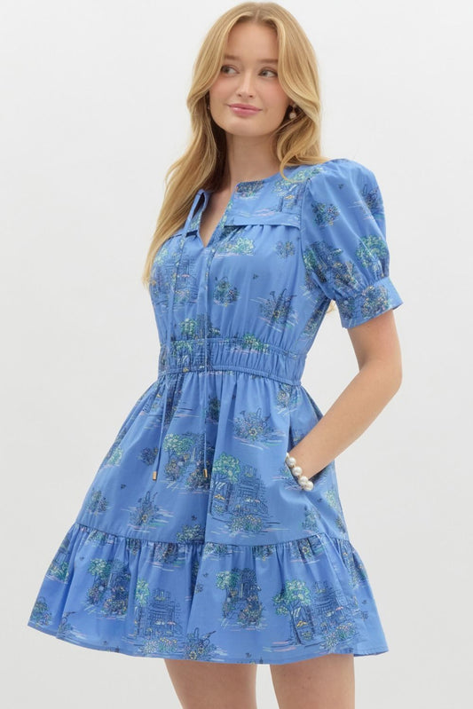 Dress - Puff Sleeve - Tiered Blue