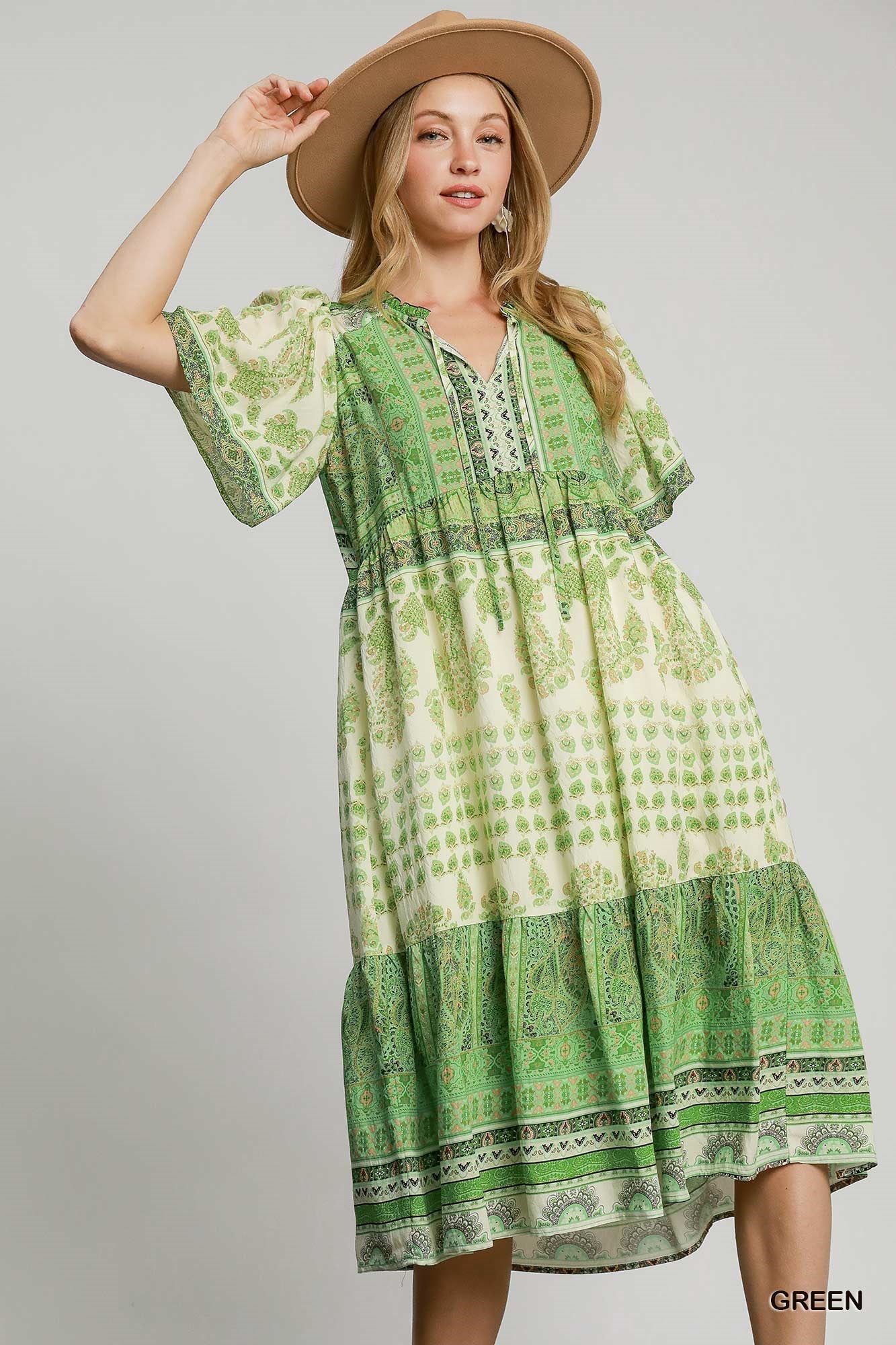 Dress - Midi - Paisley V-Neck - Green