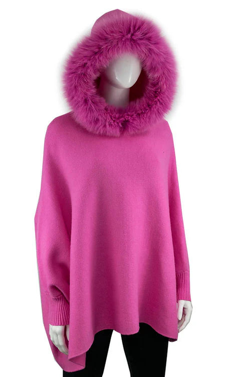 Poncho with Sleeves - Fox Fur Hoodie - Hot Pink - Findlay Rowe Designs