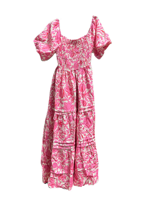 Dress - Smocked Floral Print Maxi - Pink