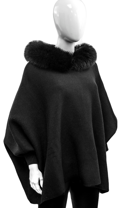 Poncho with Sleeves - Fox Fur Hoodie - Black - Findlay Rowe Designs