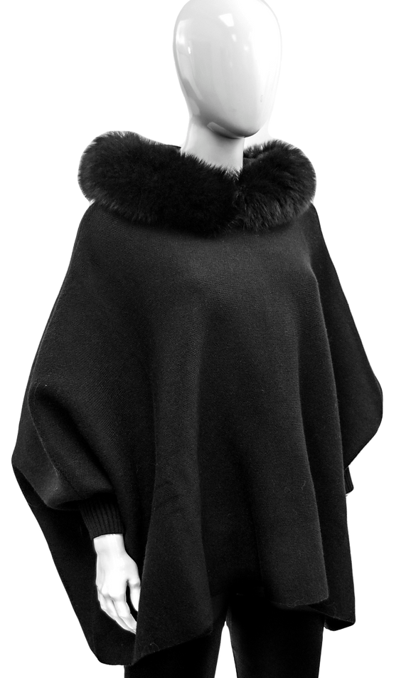 Poncho with Sleeves - Fox Fur Hoodie - Black - Findlay Rowe Designs