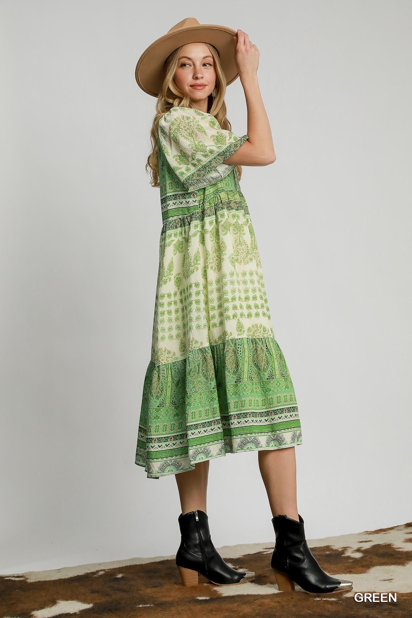 Dress - Midi - Paisley V-Neck - Green