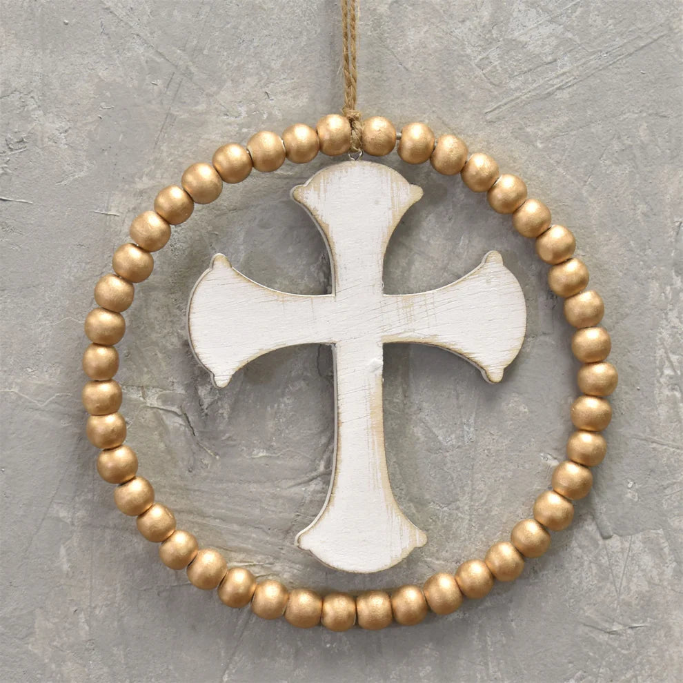 Ornament - Wooden Cross And Bead Gold Ivory - Findlay Rowe Designs