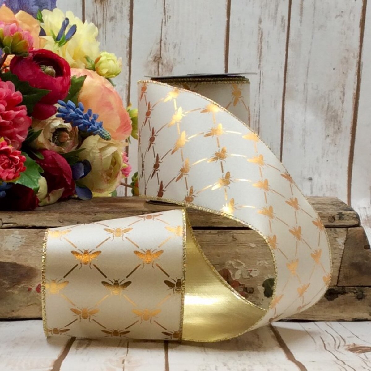 Ribbon - Metallic Gold Bees on Taffeta White - Findlay Rowe Designs