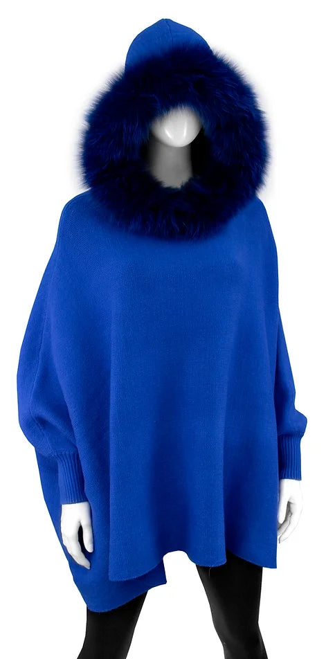 Poncho with Sleeves - Fox Fur Hoodie - Electric Blue - Findlay Rowe Designs