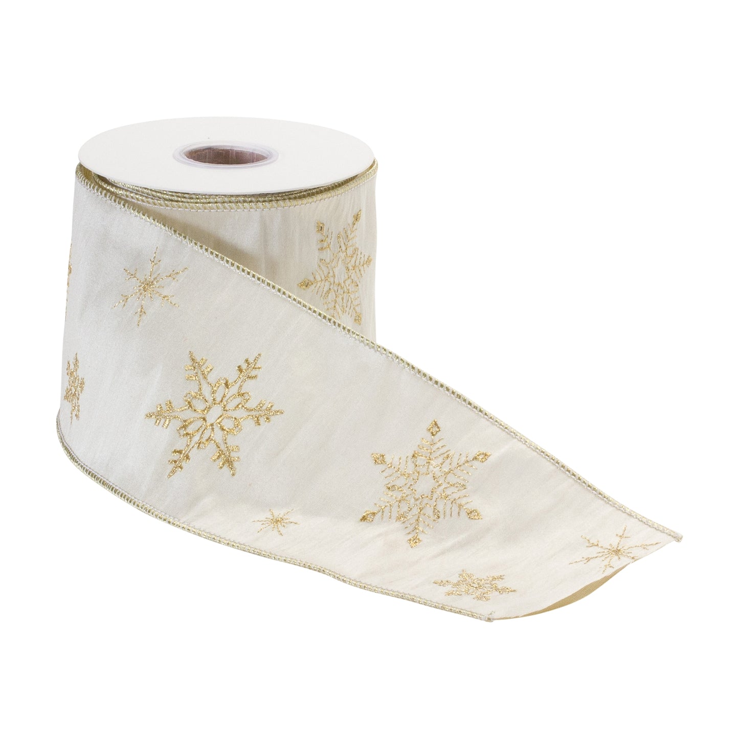 Ribbon - Wired Polyester ivory with gold snowflakes 4in x 5 YDS - Findlay Rowe Designs