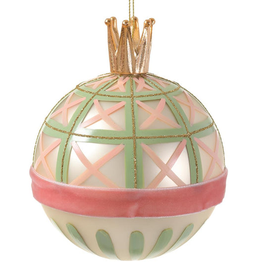 Ornament - 4in glass Ball Ornament With Crown Pink Green - Findlay Rowe Designs