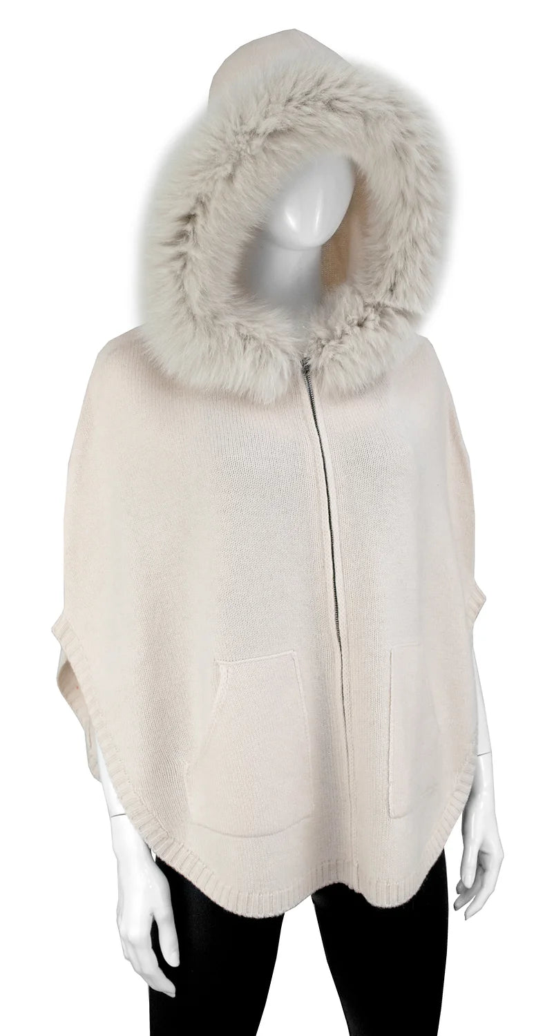 Poncho Zip Up - Fox Fur Collar - No Sleeves - Pearl - Findlay Rowe Designs