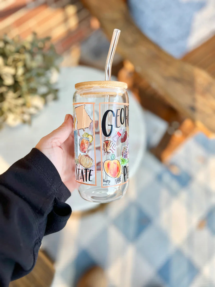 Happy by Rachel - 16 oz Glass Cup Bamboo Lid - State of Georgia