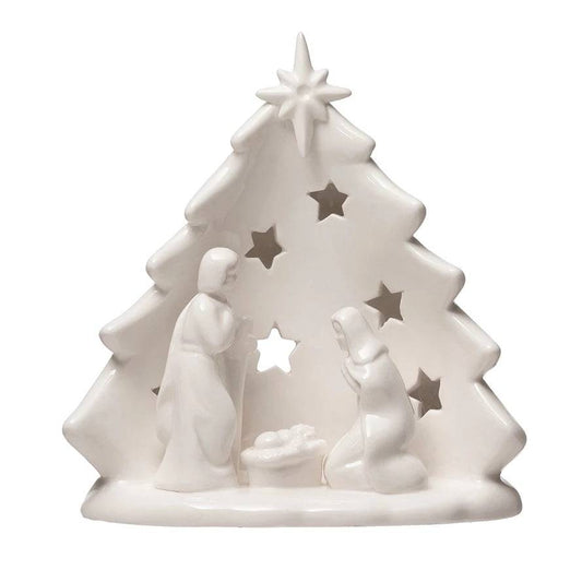 Stoneware Holy Family Candle Holder with Tree & Cut-Outs - Findlay Rowe Designs