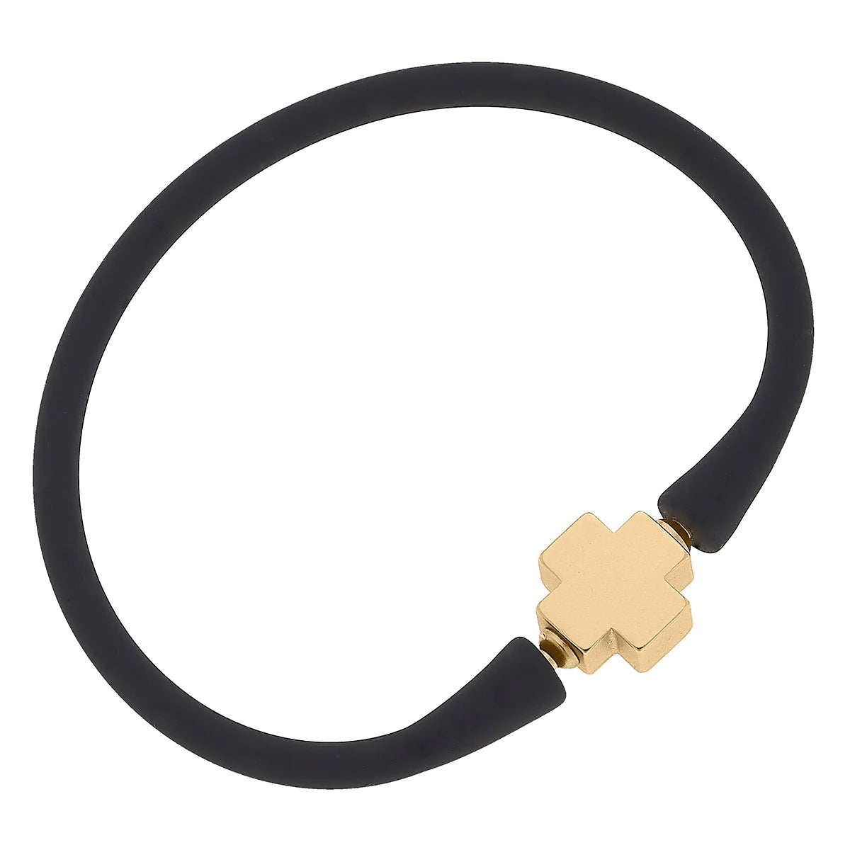 Bali 24K Gold Plated Cross Bead Silicone Bracelet in Black - Findlay Rowe Designs