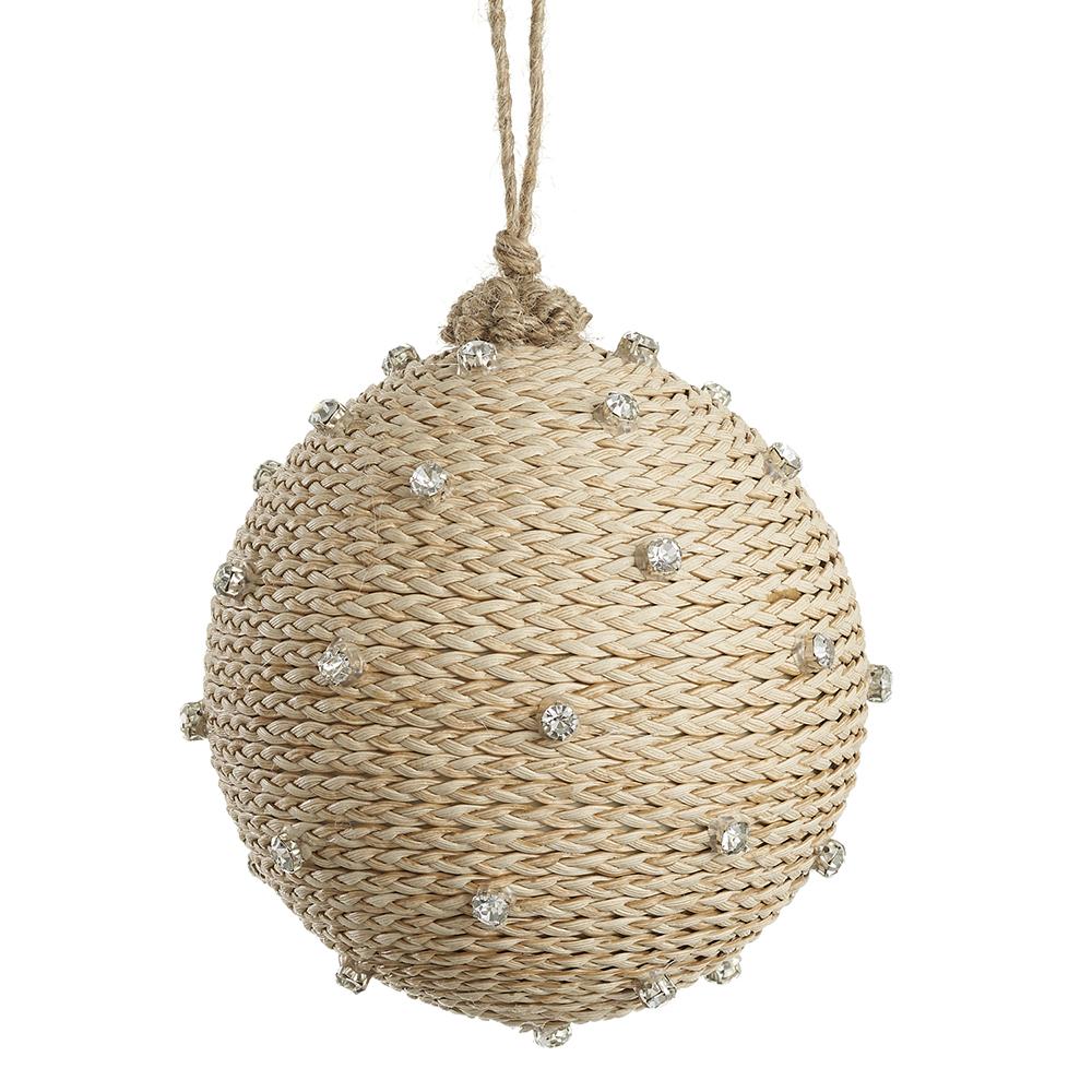 Ornament - 5in Jewelled Braided Reed Ball Ornament Beige Silver - Findlay Rowe Designs